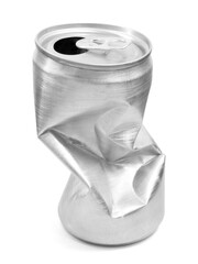 Crumpled empty blank aluminium can isolated on white background