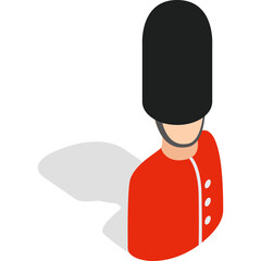 Isometric illustration of a royal guard in uniform with a tall black hat and red jacket with white buttons casting a shadow on a white background in a 3D style