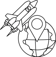 A black and white drawing of a rocket and a globe with a small dot on it
