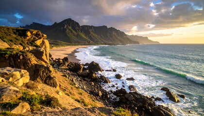 Coastal vista featuring a sandy beach embraced by rocky cliffs and towering mountains under a dramatic, sunlit sky with waves
