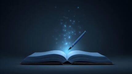 Magical pen hovering over an open book with glowing particles in a dark background, representing creativity and inspiration