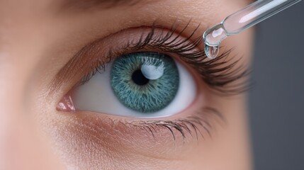 Close-Up of Eye with Blue Iris and Eye Dropper Applying Moisturizing Liquid Droplet to Eyelid in Soft Lighting