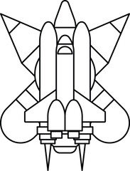 A black and white drawing of a space shuttle with a rocket booster