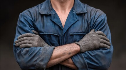 Portrait of a confident worker in blue uniform with crossed arms and dirty gloves against a dark background
