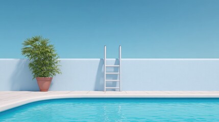 Tranquil Swimming Pool Scene with a Ladder and Potted Plant Under Clear Blue Sky