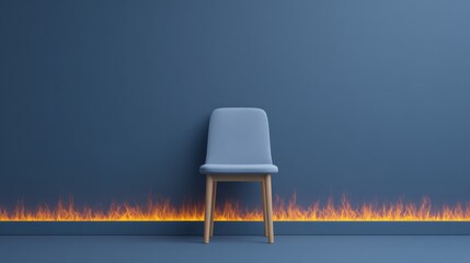 Cozy chair against blue wall with fiery flames along the floor, creating a striking contrast of comfort and danger