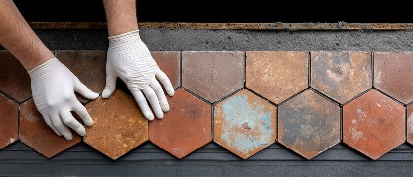 Craftsman installs hexagonal tiles on a surface showcasing skill and precision in home improvement project during daylight hours