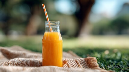 Glass bottle with orange detox juice and striped paper straw sits on a picnic blanket in a park, offering a refreshing and healthy summer beverage