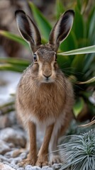 Obraz premium Close-up of a brown hare standing among green plants in a natural garden setting during daylight hours