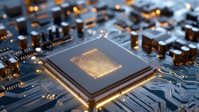 High tech microprocessor circuit board featuring glowing connections and advanced electronics