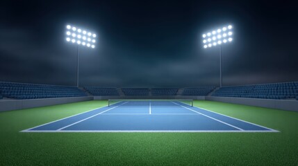 Brightly Lit Tennis Court at Night with Empty Stands and Dramatic Sky, Ideal for Sports Photography and Backgrounds