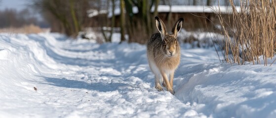 Wild hare walks through snowy path in a tranquil landscape during winter's chill near woodland