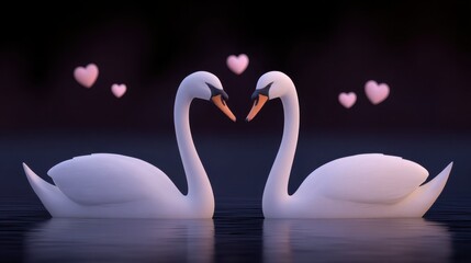 Tender Moment of Two Elegant Swans with Hearts Creating a Romantic Atmosphere on Calm Water Surface