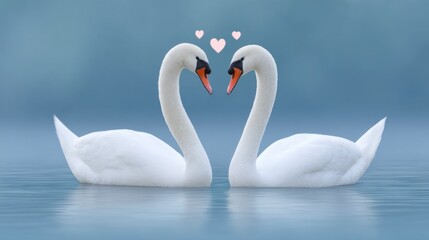 Romantic Swans Forming Heart Shape With Their Necks on Calm Water Surface in Soft Blue Background