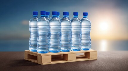 Fresh and Pure Plastic Water Bottles on Wooden Pallet During Beautiful Sunset Over Calm Water Surface