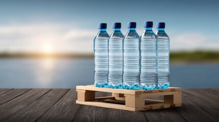 Fresh Water Bottles on Wooden Palette by the Serene Lakeside at Sunrise