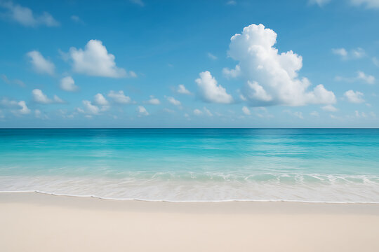Turquoise ocean waves gently rolling onto a white sand beach under a blue sky with fluffy clouds