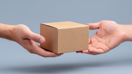 Hands exchanging a plain cardboard box in a studio setting with soft background and minimal distractions for a clean aesthetic