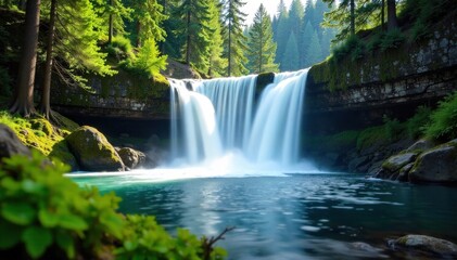 Fototapeta premium Yellowstone Waterfall and Forest Cascading water and lush evergreen forest A powerful waterfall in Yellowstone National Park, with water cascading over moss covered rocks into a clear, flowing river