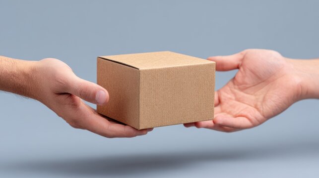 Hands exchanging a plain cardboard box in a studio setting with soft background and minimal distractions for a clean aesthetic - Powered by Adobe