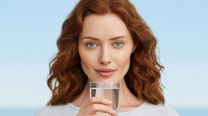 Young woman with red hair holding glass of clear water against a serene blue background, promoting health and wellness