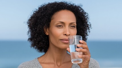 Thoughtful woman enjoying refreshing water with ocean backdrop on a bright and serene day for wellness and health imagery