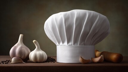 White Chef Hat with Garlic Bulbs and Rolling Pin on Wooden Table in Warm Light Setting