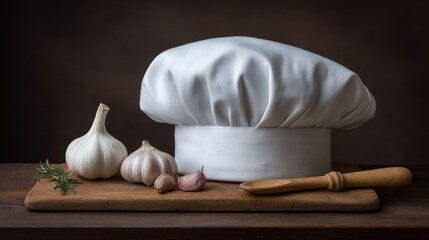 Chef's Hat and Garlic on Wooden Cutting Board with Spoon and Fresh Herbs in Elegant Kitchen Setting