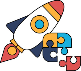 A rocket is flying through the sky with a puzzle piece on the ground