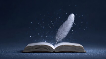 Enchanted Book with Quill and Sparkling Magic Dust on Dark Background for Creative Inspiration and Dreamy Themes