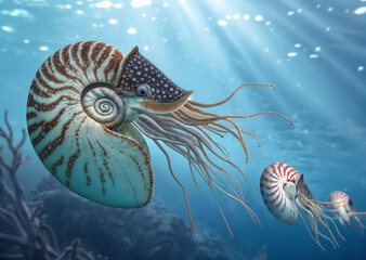 nautilus shell on blue background