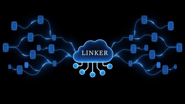 Cloud computing network diagram with linker and data nodes connected by glowing blue lines on a black background