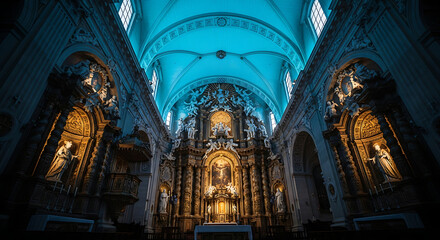 Obraz premium Baroque Church Interior Ornate Altar Statues Detailed Architecture Blue Light