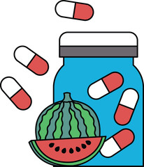 A jar of pills is next to a slice of watermelon