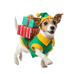 Dog Wearing Elf Costume Carrying Tiny Glowing Gifts, Isolated on Transparent Background, Cute Christmas Holiday Pet Concept