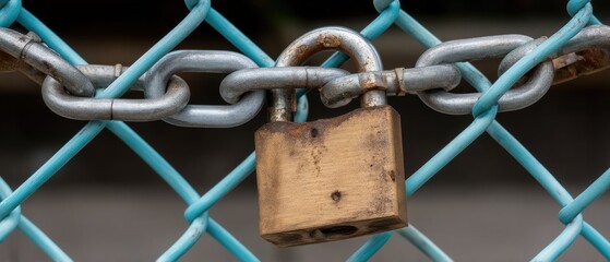A rusty padlock securely fastens a chain-link fence, symbolizing safety and restrictions in an outdoor setting