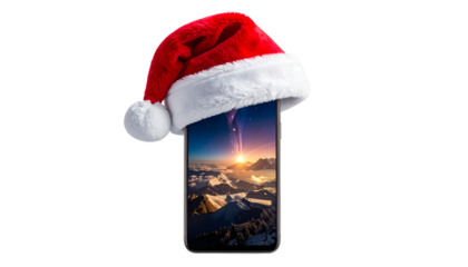 Santa hat floating above smartphone, isolated on transparent background, digital Christmas technology concept
