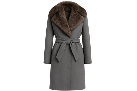 Gray wool belted coat with brown fur collar