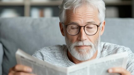 Calm elderly man reading newspaper with glasses cozy living room, showcasing thoughtful engagement - Powered by Adobe