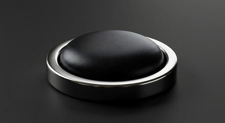 Black dome button with silver frame on dark background in studio shot