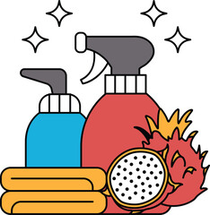 A bottle of spray cleaner sits next to a bottle of soap