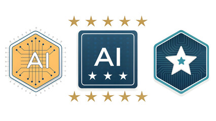 collection of ai badges with digital circuit and star symbols representing artificial intelligence technology
