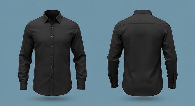 Black dress shirt front and back view isolated on a solid background