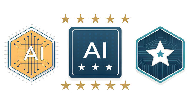collection of ai badges with digital circuit and star symbols representing artificial intelligence technology
