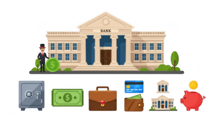 Illustration of bank building with financial icons including money, safe, and cards isolated on transparent background