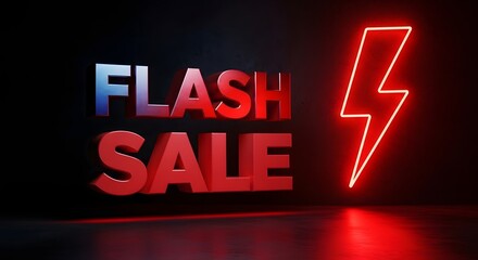 Bold red 3d text that says flash sale next to a glowing red neon lightning bolt symbol on a dark reflective surface, representing a special offer or event