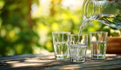 Water being poured into a glass on a wooden table outdoors, in close-up. water pouring from a jug into clear water glasses with a blurred green background.