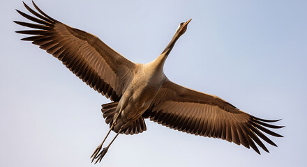 Common crane flying bird blue sky background nature wildlife wings outstretched flight