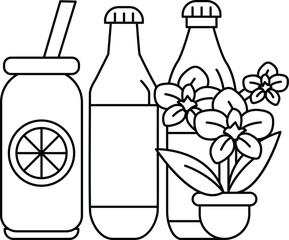 A bottle of lemonade sits next to a bottle of soda and a potted plant