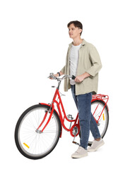Obraz premium Handsome man with red bicycle on white background